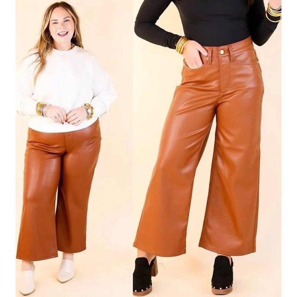 Judy Blue High Waist Tummy Control Camel Faux Leather Wide Leg Crop Pant 18W